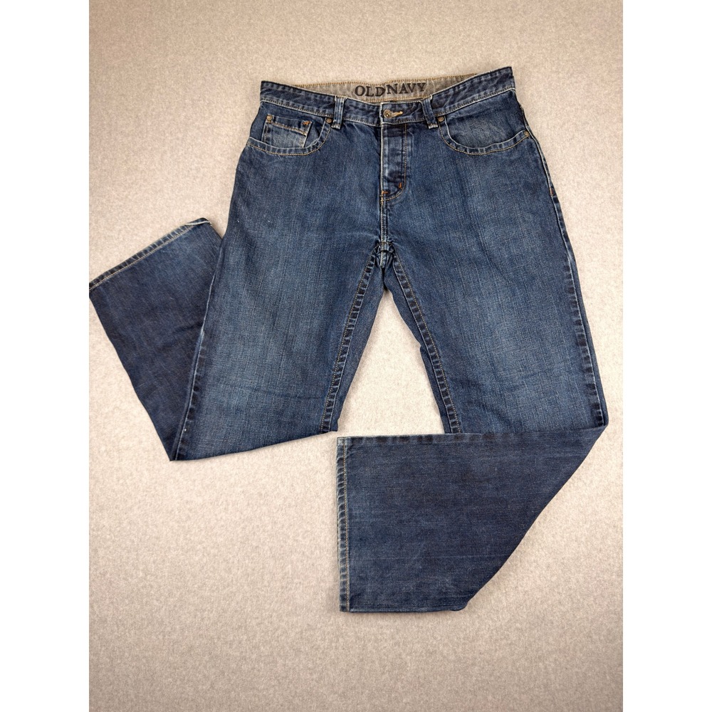 Old Navy Mens Low Rise Boot-Cut Jeans Blue Denim 34x32 Button Fly 100% Cotton